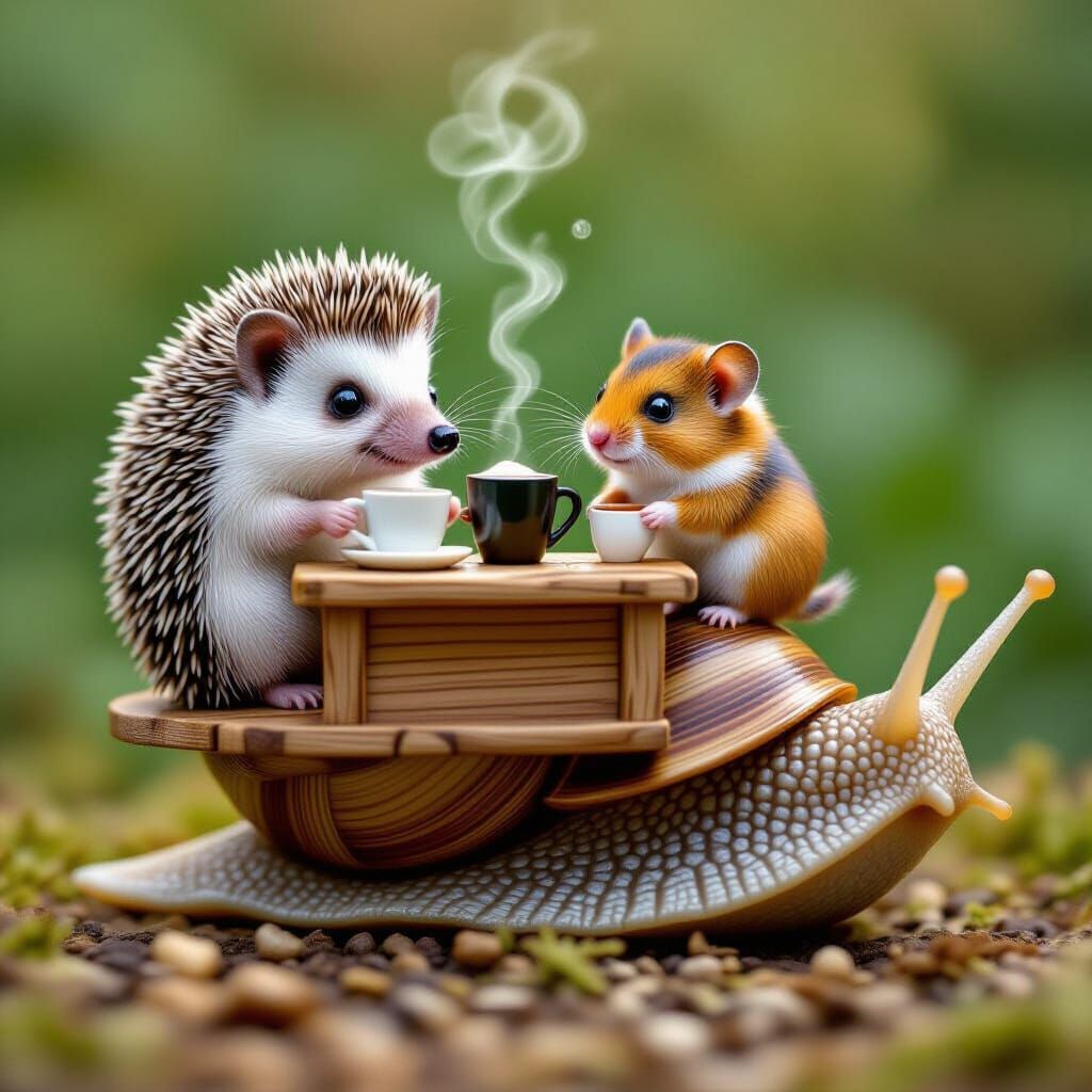 Whimsical Miniature Coffee Shop Run By Animals on a Snail