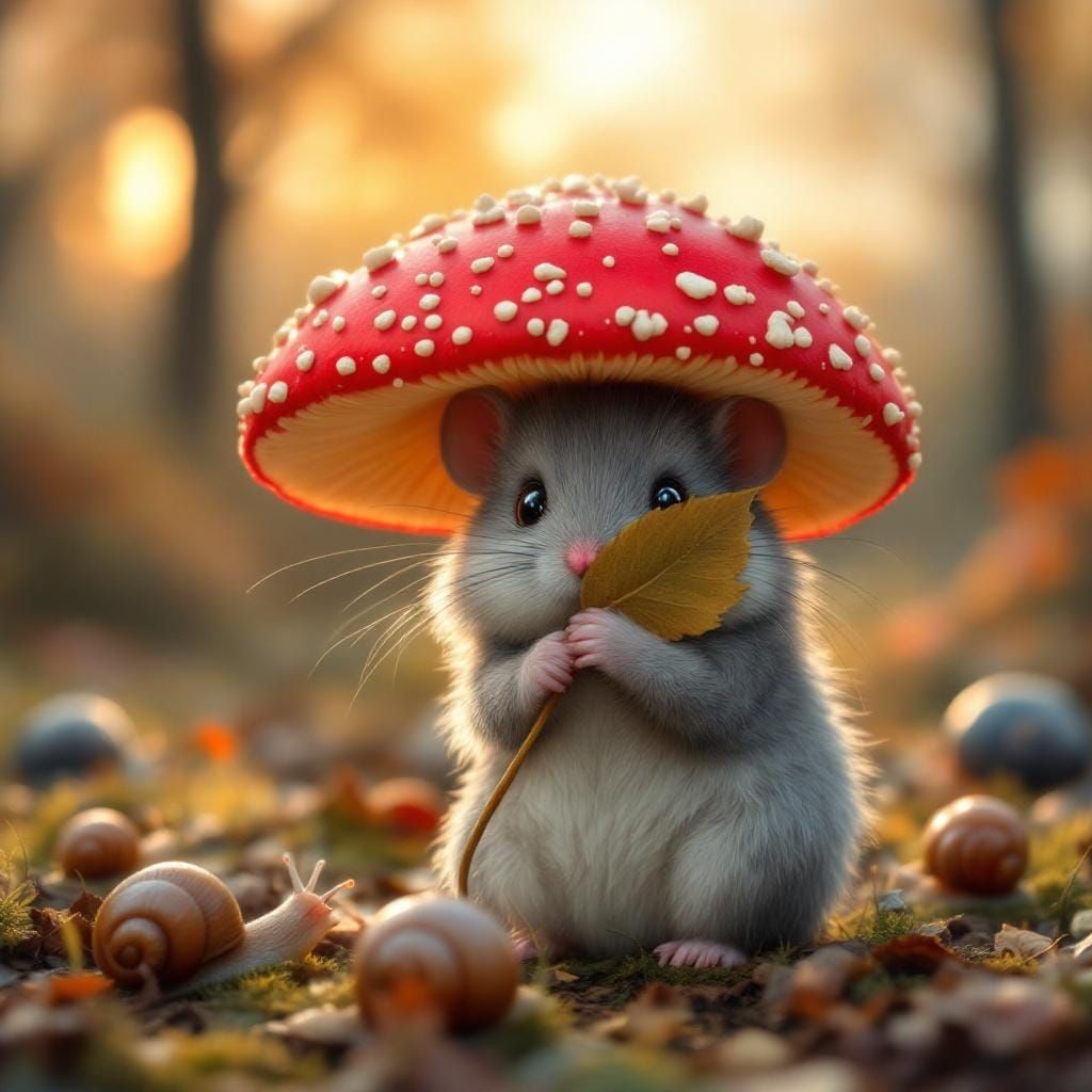 Shy Mouse Peeking Behind Fly Agaric Mushroom