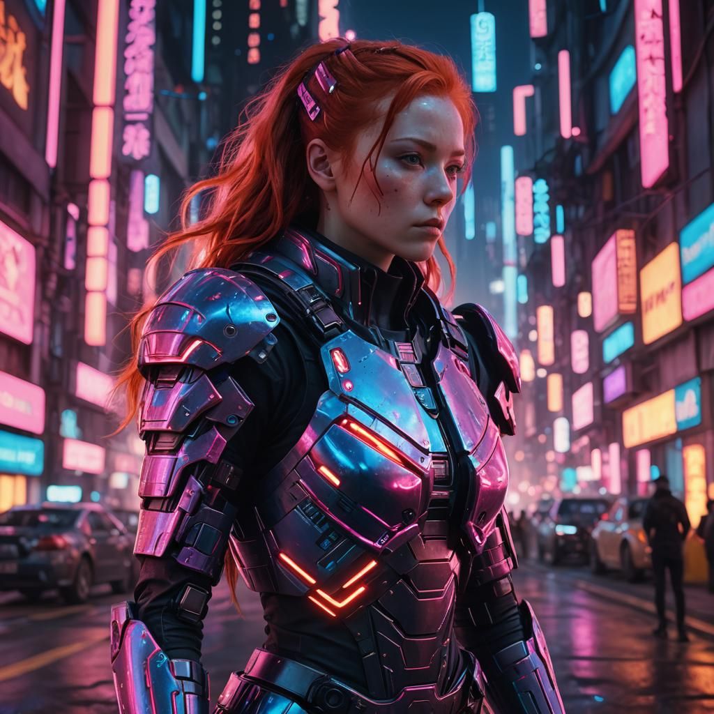 Cyberpunk Woman in Neon City, Digital Matte Painting