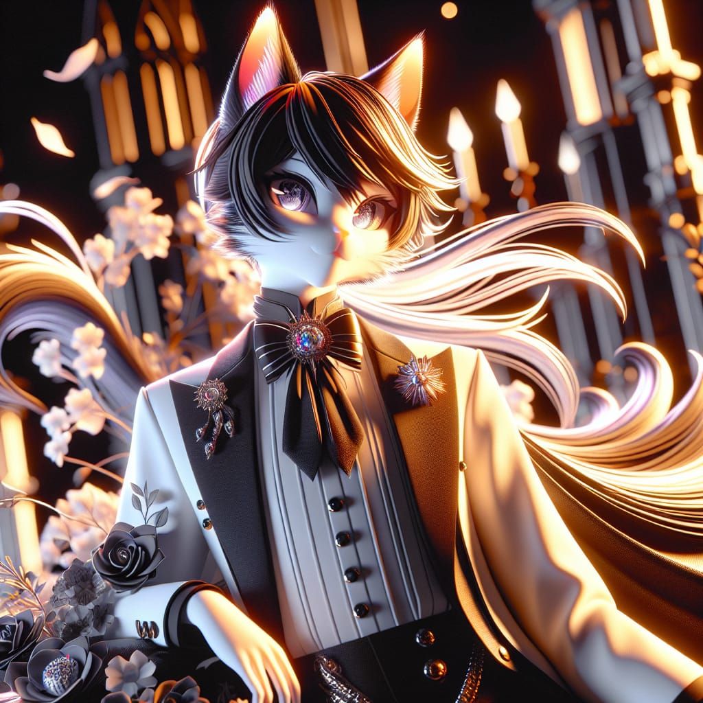 Detailed 3D Female Tuxedo Cat in Anime Style