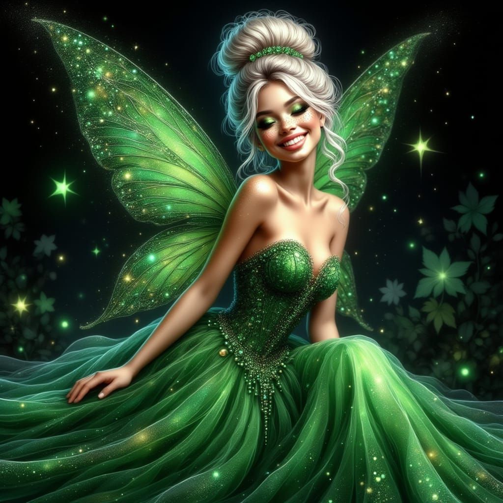 Whimsical Fairy in Emerald Evening Gown