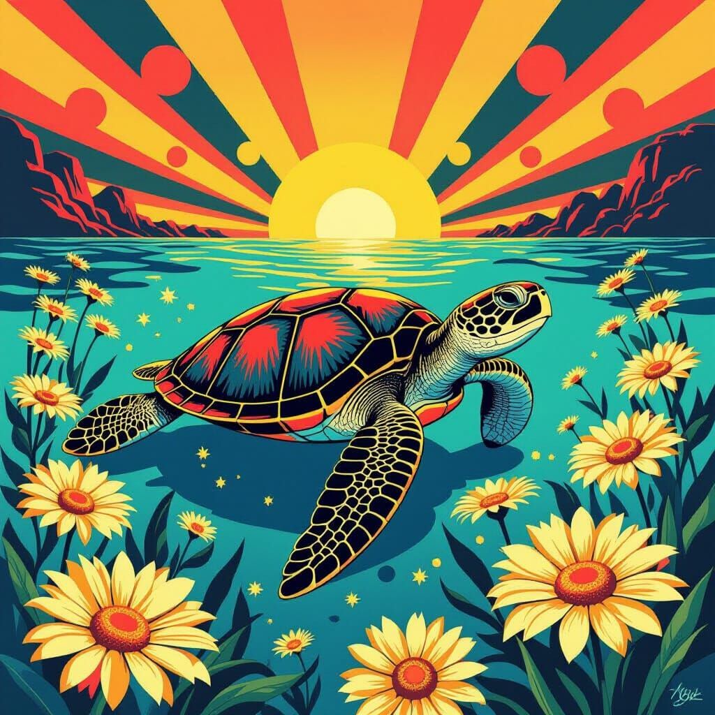 Turtle in Geometric Pop Art Screen Print