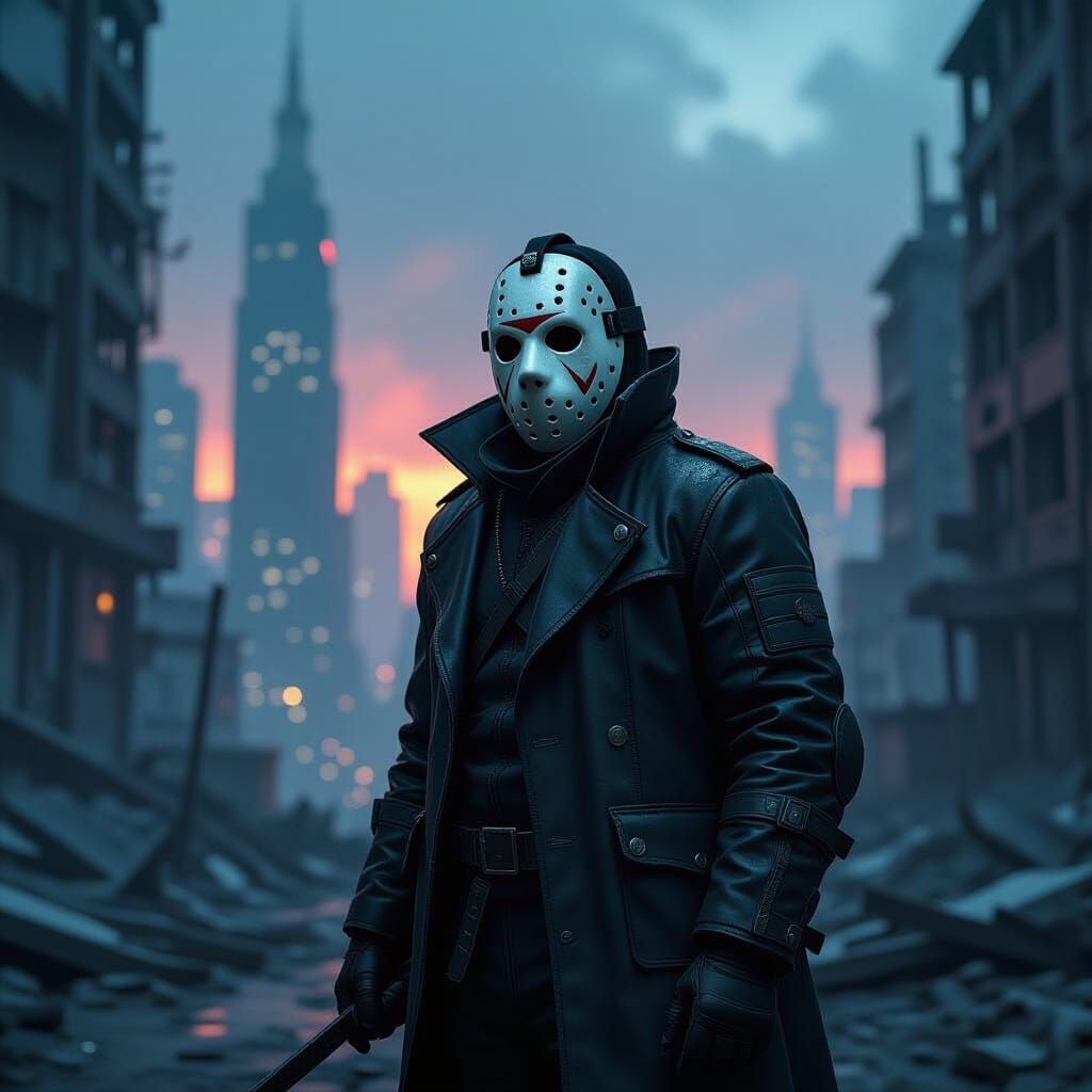 Lone Figure in Hockey Mask in Dark Fantasy Cityscape