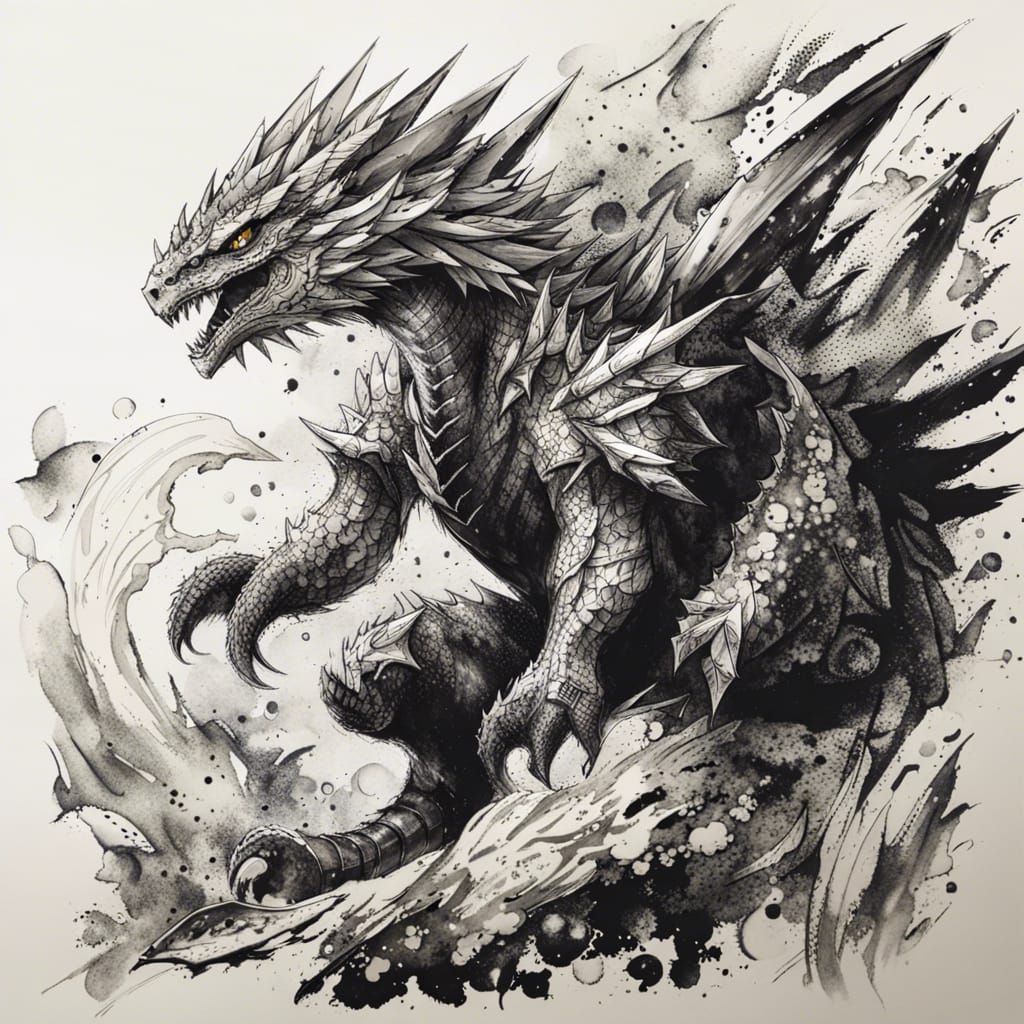 Rathalos Dragon in Black and White Ink