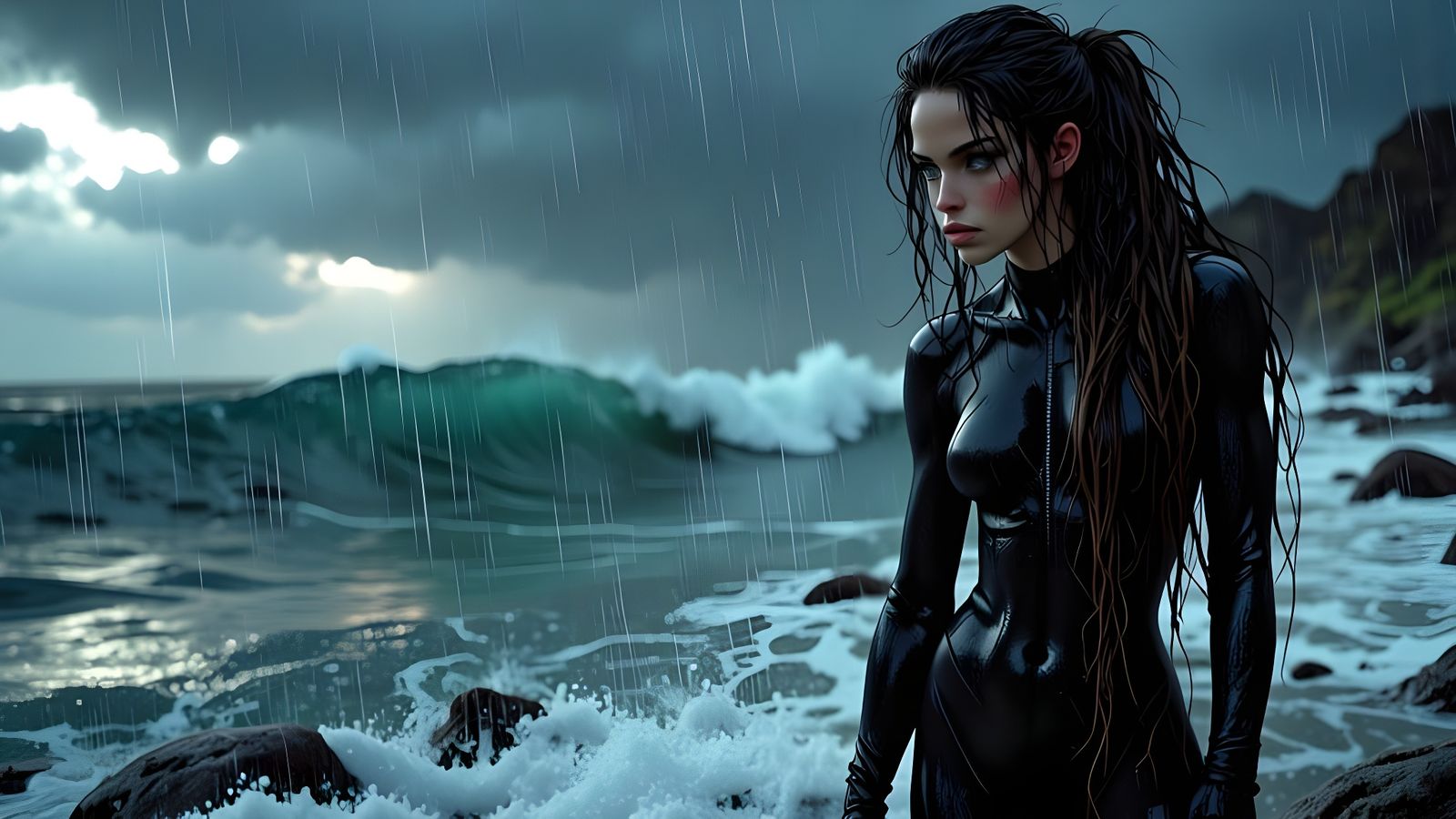 Cinematic Storm: Woman in Diving Suit