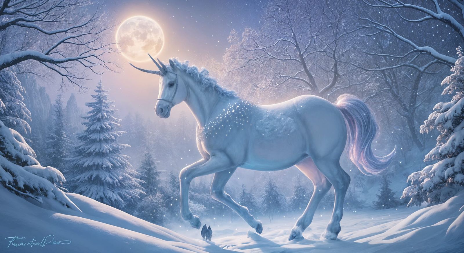 Fantasy Licorne Embarks Under Starry Winter Night Sky