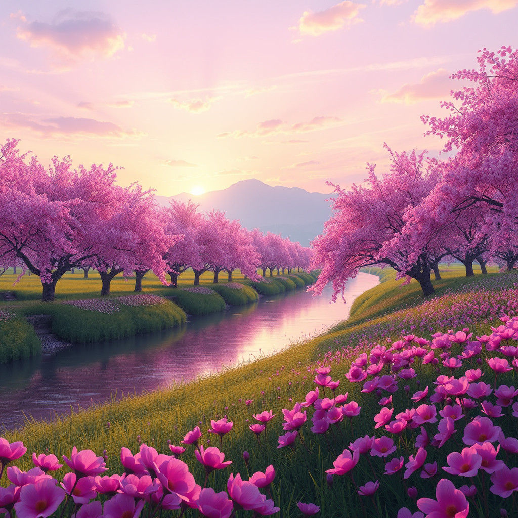 Pink Cherry Trees by River: Dreamlike Landscape