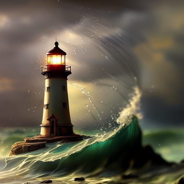 Lighthouse in Glass Cloche: Stormy Sea Illustration