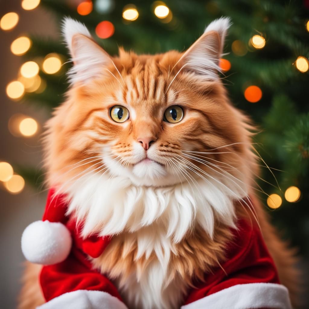 Ginger Cat as Santa Claus Christmas Scene