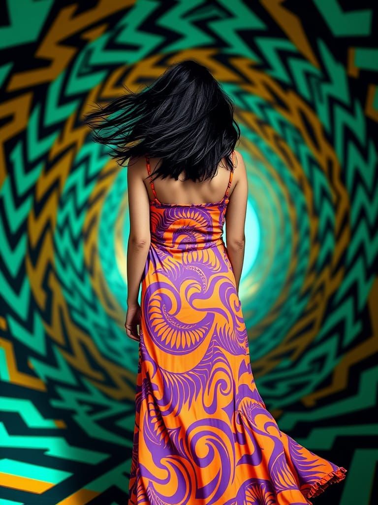 Op Art Tunnel with Woman in Psychedelic Dress
