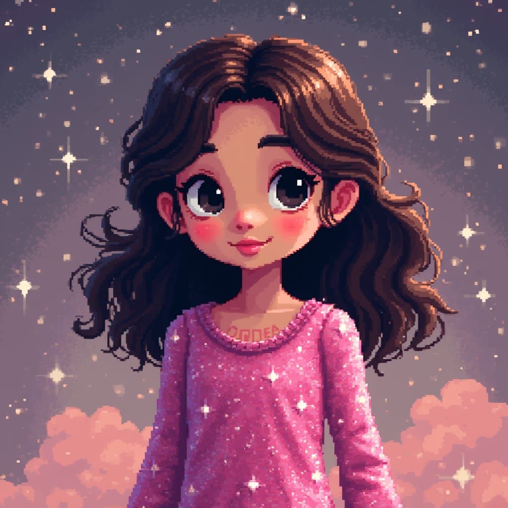 Girl in Whimsical Pixel Art Wonderland