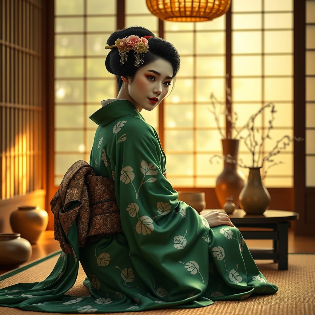 Serene Geisha in Traditional Forest Green Kimono, Tea Room S...