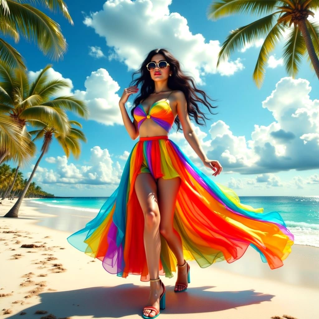 Sultry Supermodel Dances on Rainbow-Colored Beach