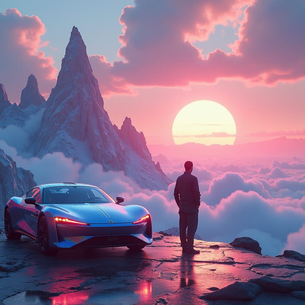 Futuristic Man at Iridescent Mountain Range, Fantasy Art