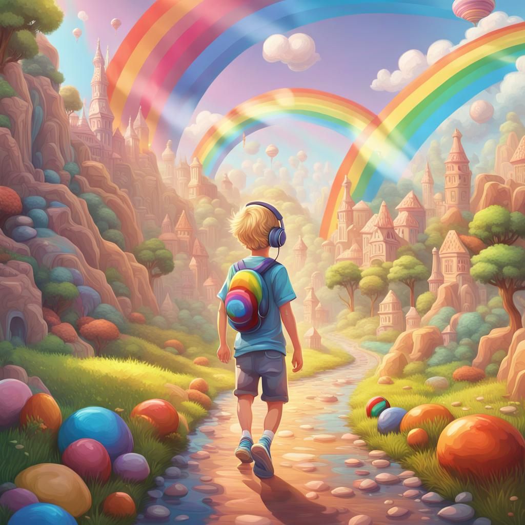 Boy with Headphones in Candy Art Style Landscape