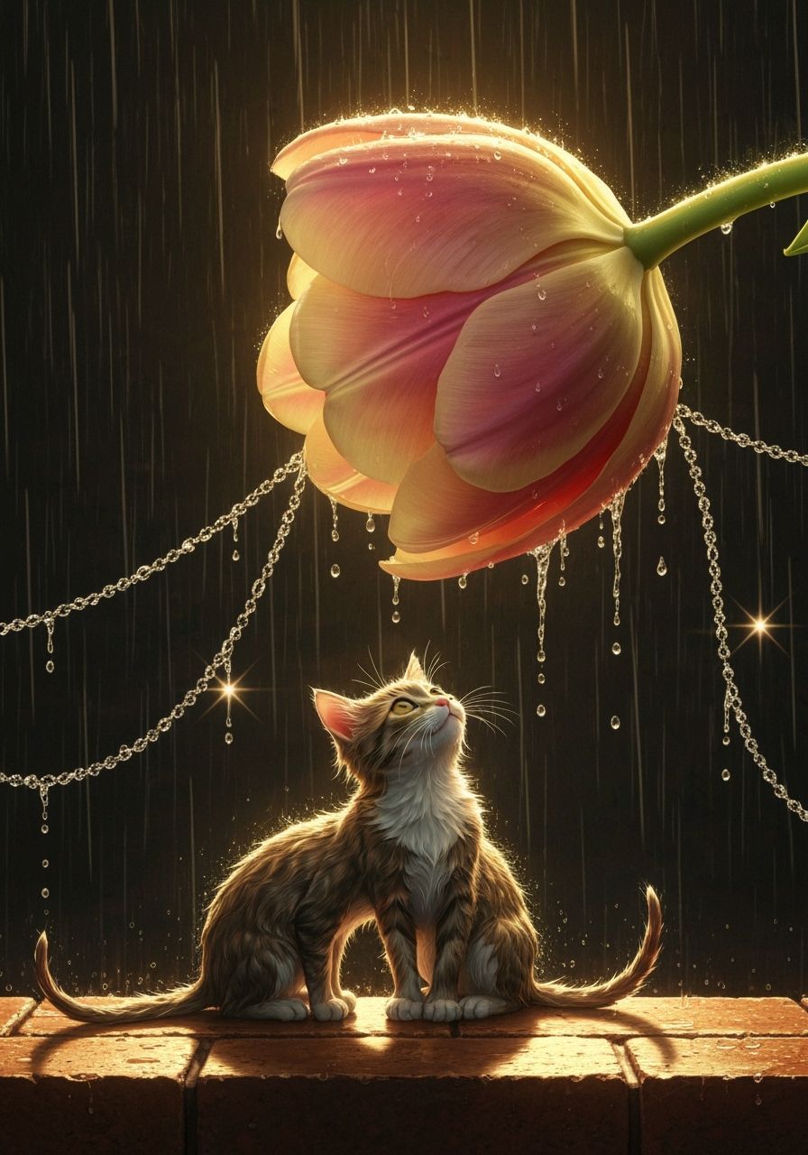 Kittens Sheltered by Giant Tulip in Golden Rain