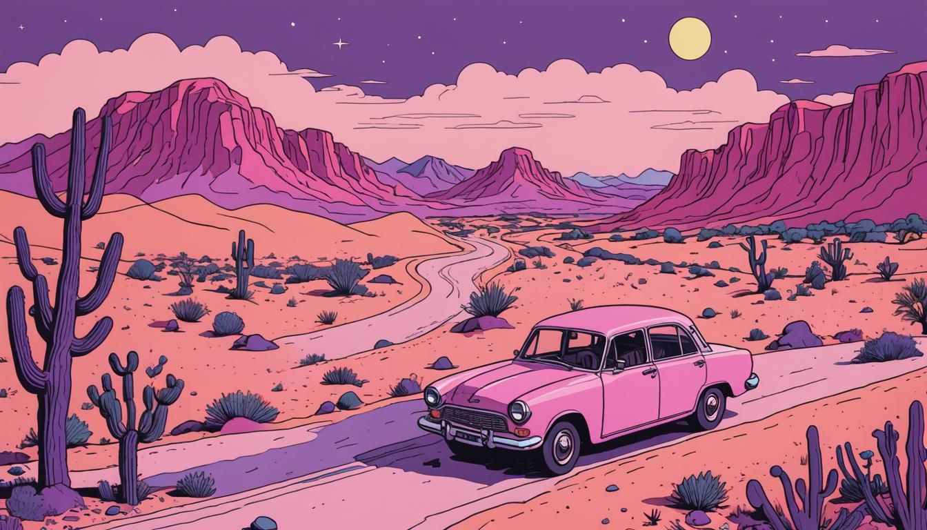 Car Drives Through Pink and Purple Desert Landscape