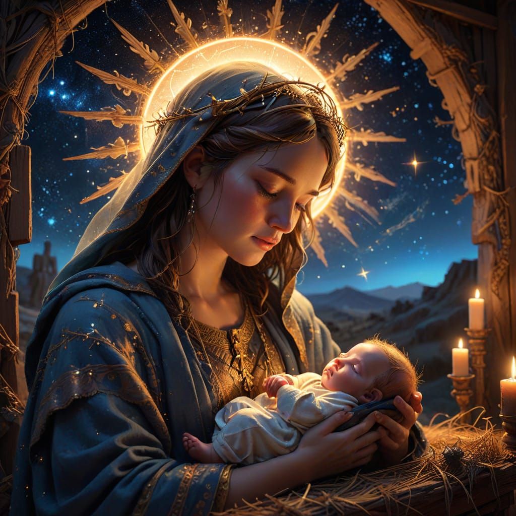 Surreal Hyperrealistic Nativity Scene with Celestial Hologra...