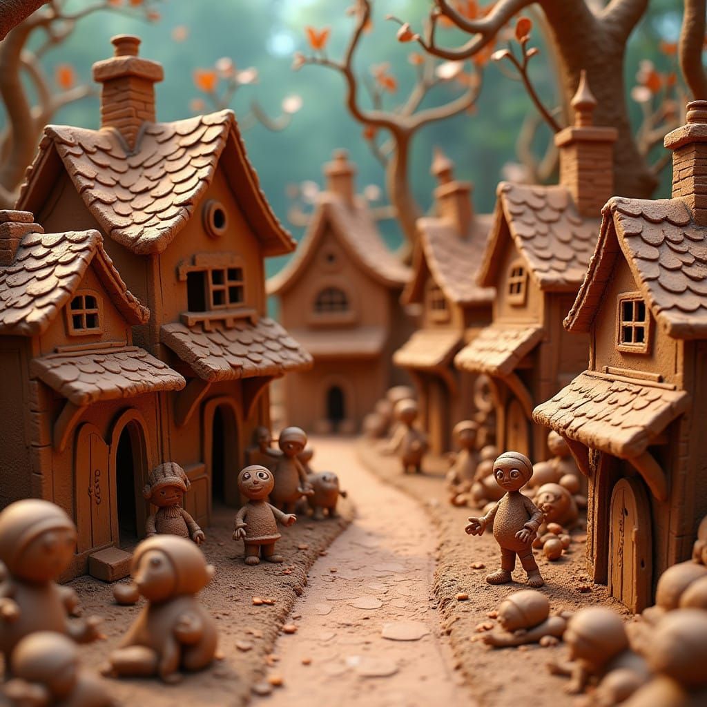 Vibrant Clay Village Scene with Whimsical Creatures and Tact...