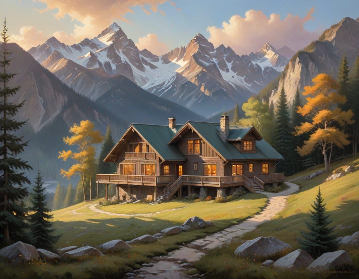 Mountain Chalet: Neoclassical Oil Painting at Daybreak