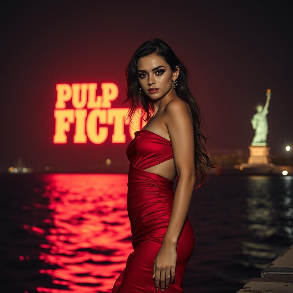 Model in Red Gown by the Sea, Retro-Futuristic Style