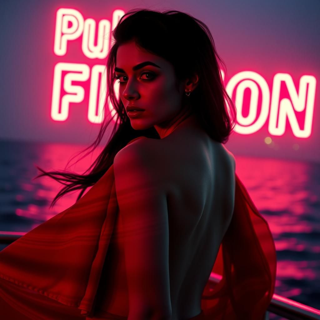 Model in Red Dress with Neon Lighting