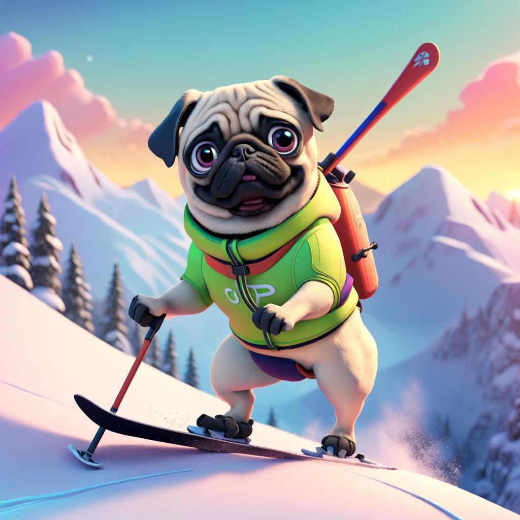 Pug Skiing Downhill in Pixar Style