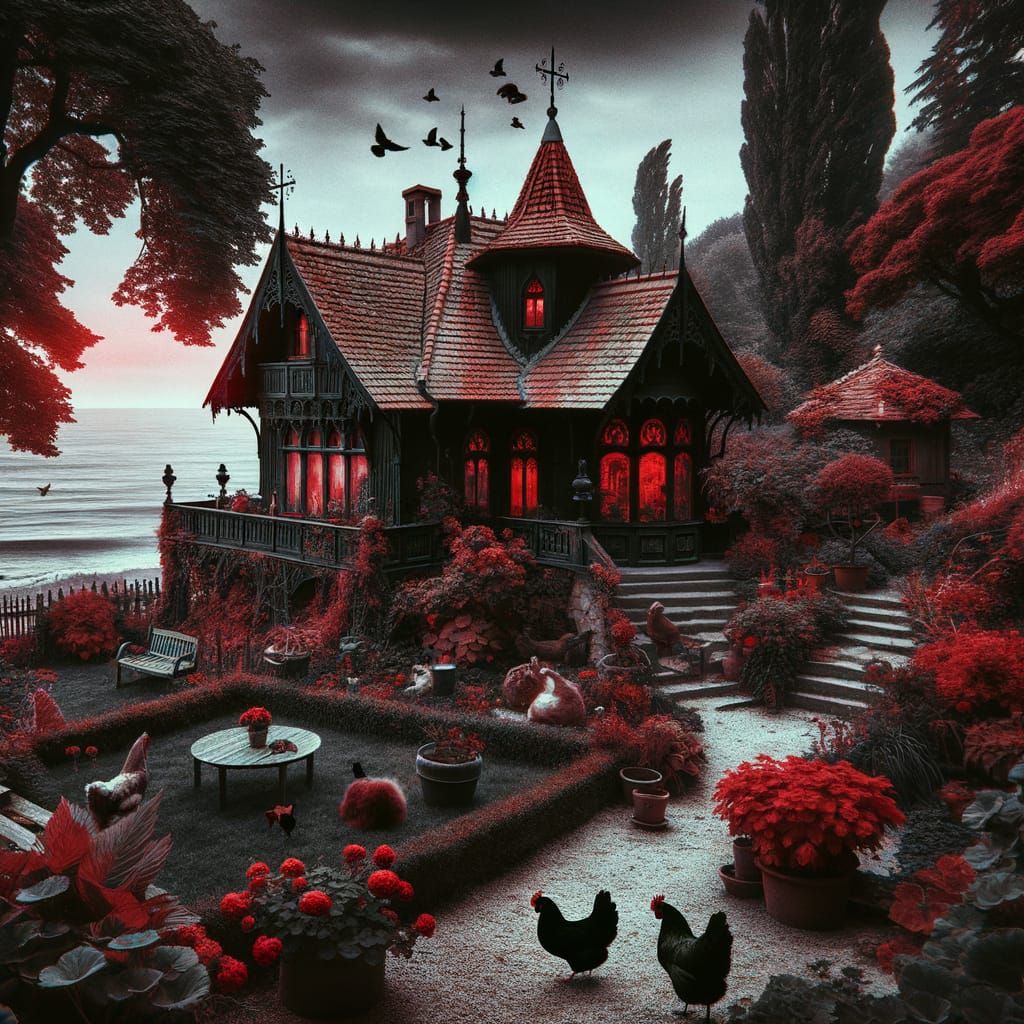 Gothic Seaside Cottage in Moody Black and Red Hues