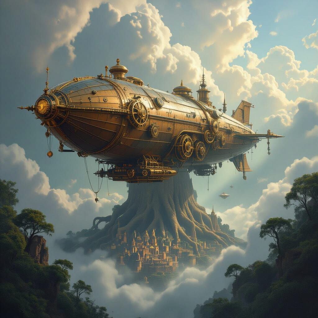Steampunk Airship Over Hidden Tree City