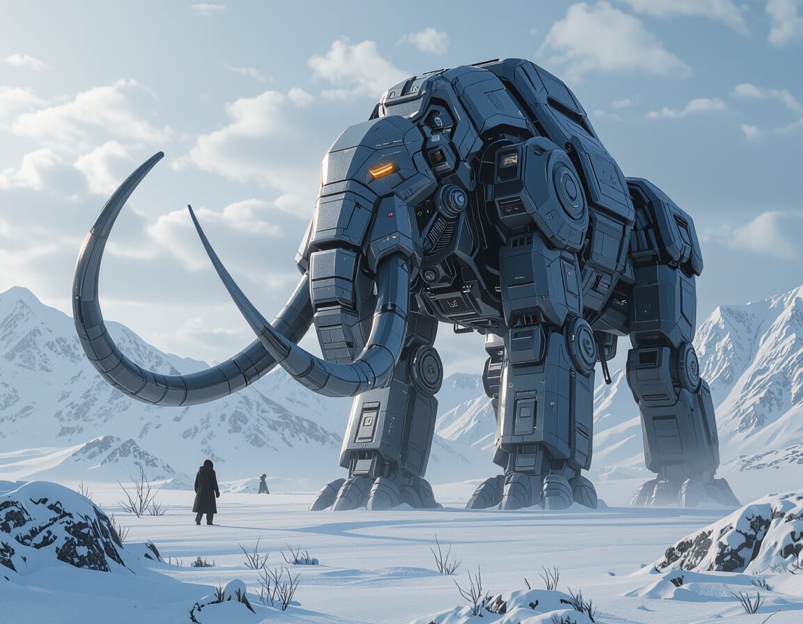 Futuristic Mech Mammoth in Snowy Sci-Fi Landscape
