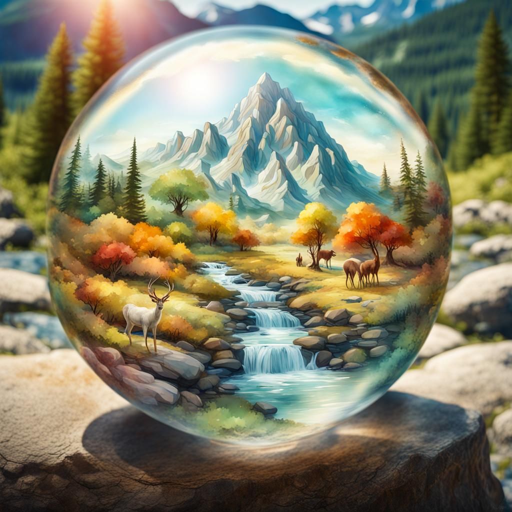 Mountain Ibexes in Glass Ball: Vintage Watercolor Art