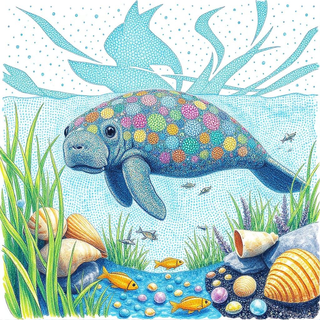 Pointillist Manatee Swimming in River