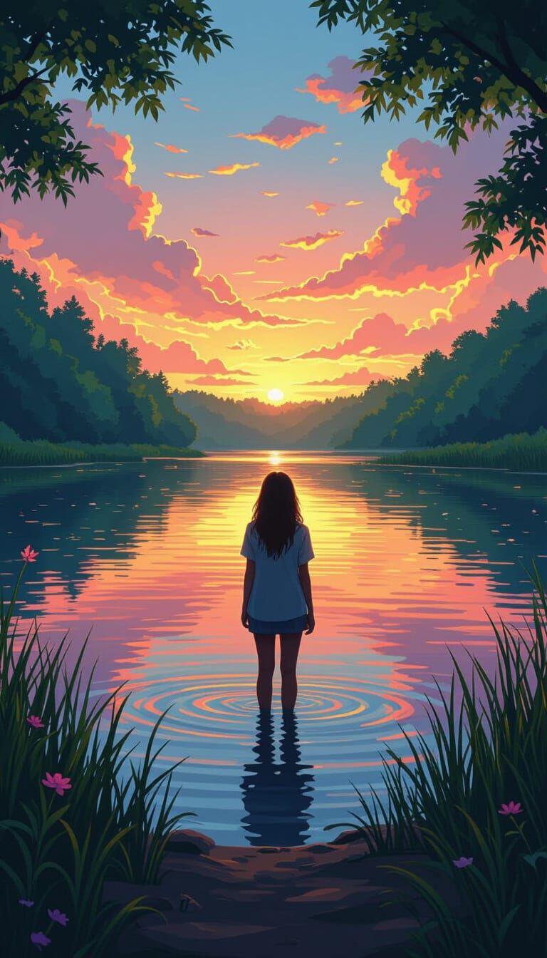 Person in Lake at Sunset in Ethereal Style