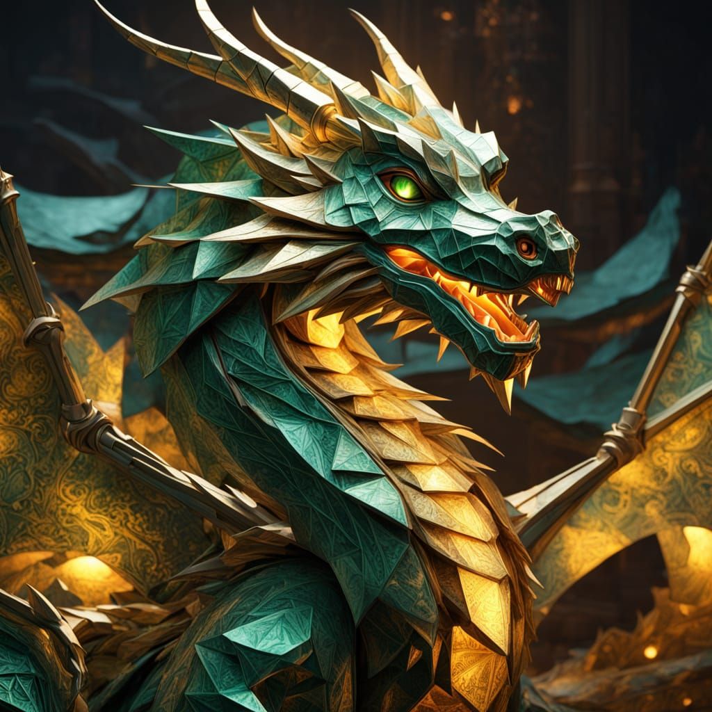 Green Origami Dragon of Money in Dark Fantasy Style