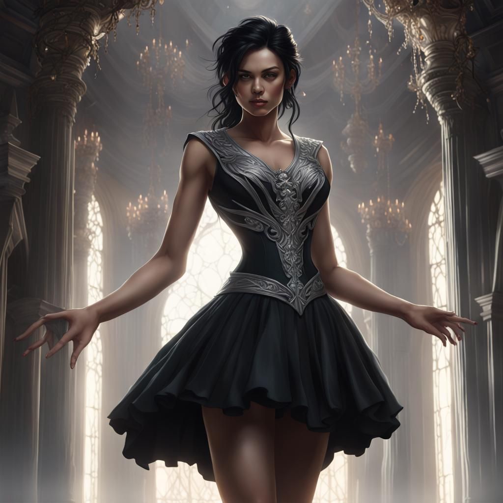 Girl in Black Dress with Silver Metal, Dark Fantasy Art