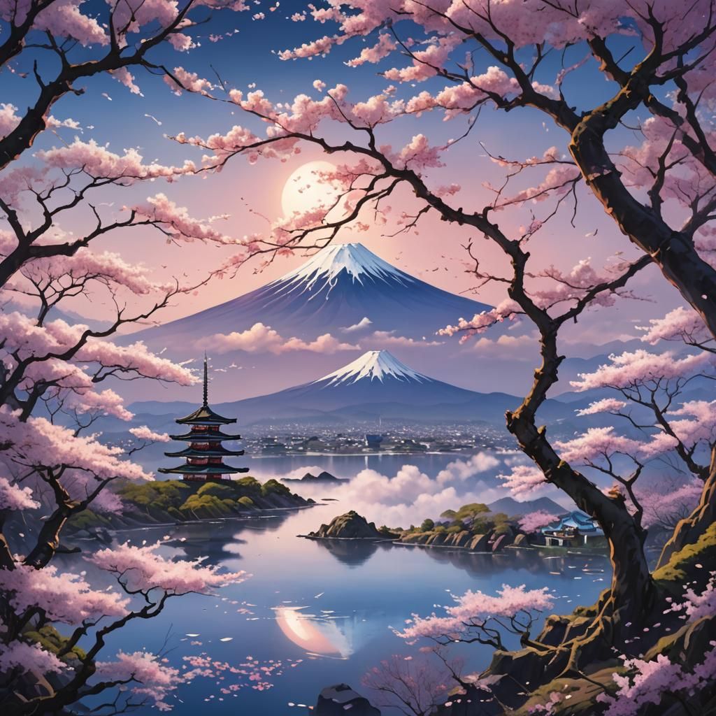 Mt. Fuji Cherry Blossoms: Fantasy Landscape Art