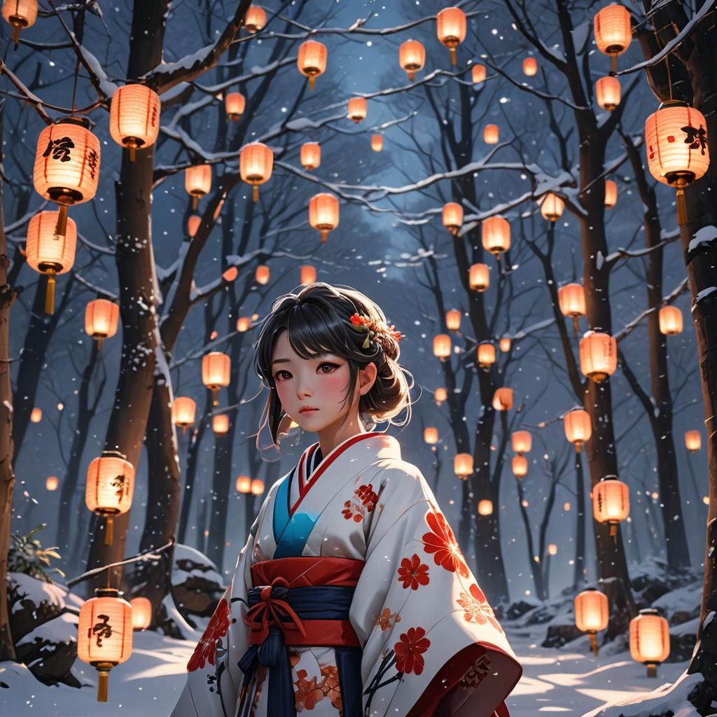 Festive Kimono in Snowy Forest: 3D Anime Art