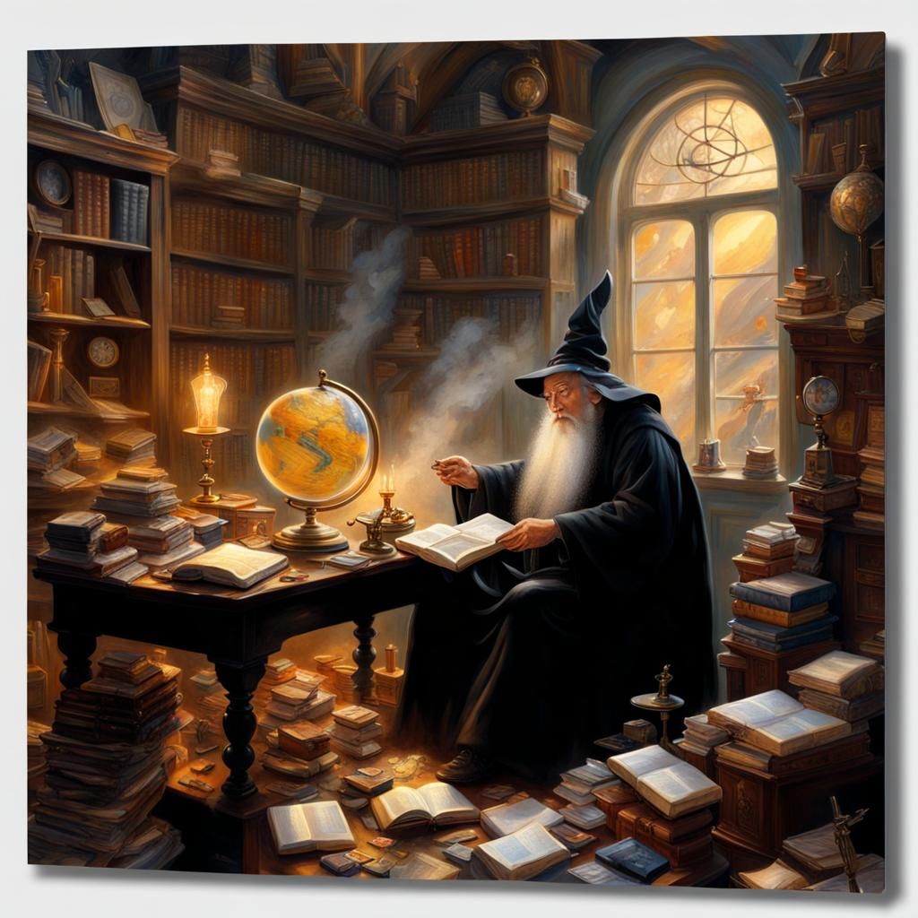 Ethereal Wizard in Cluttered Room Fantasy