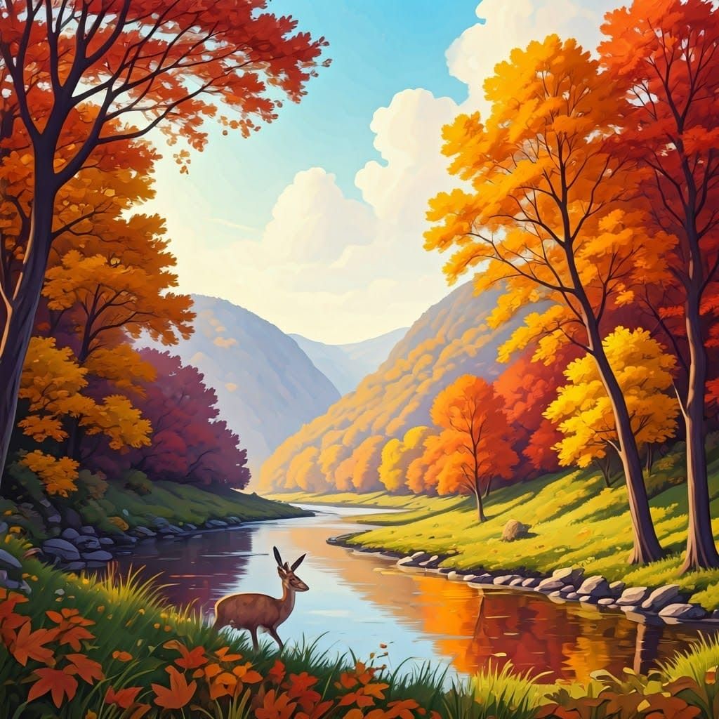Magnificent autumn leaves cover a beautiful peaceful river v...