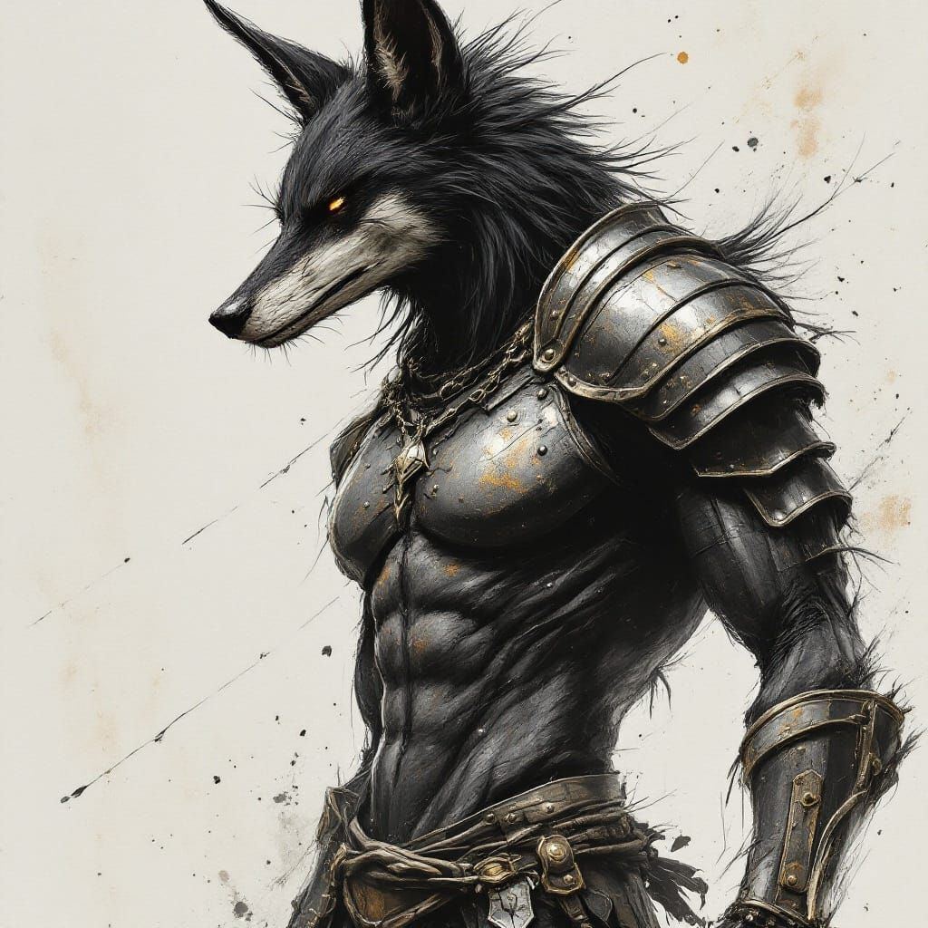 Warrior Jackal in Charcoal Drawing Style