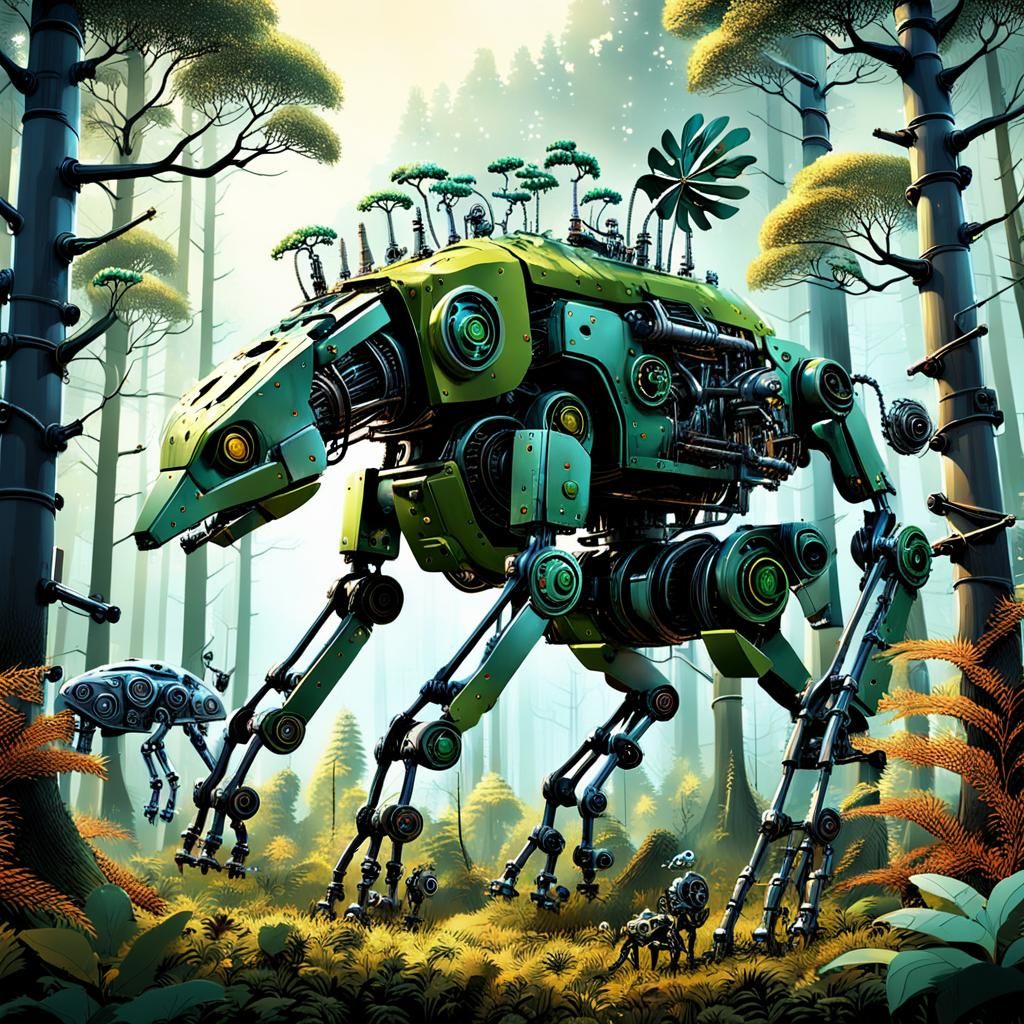 Mechanical Forest with Robot Animals, Detailed Matte Paintin...