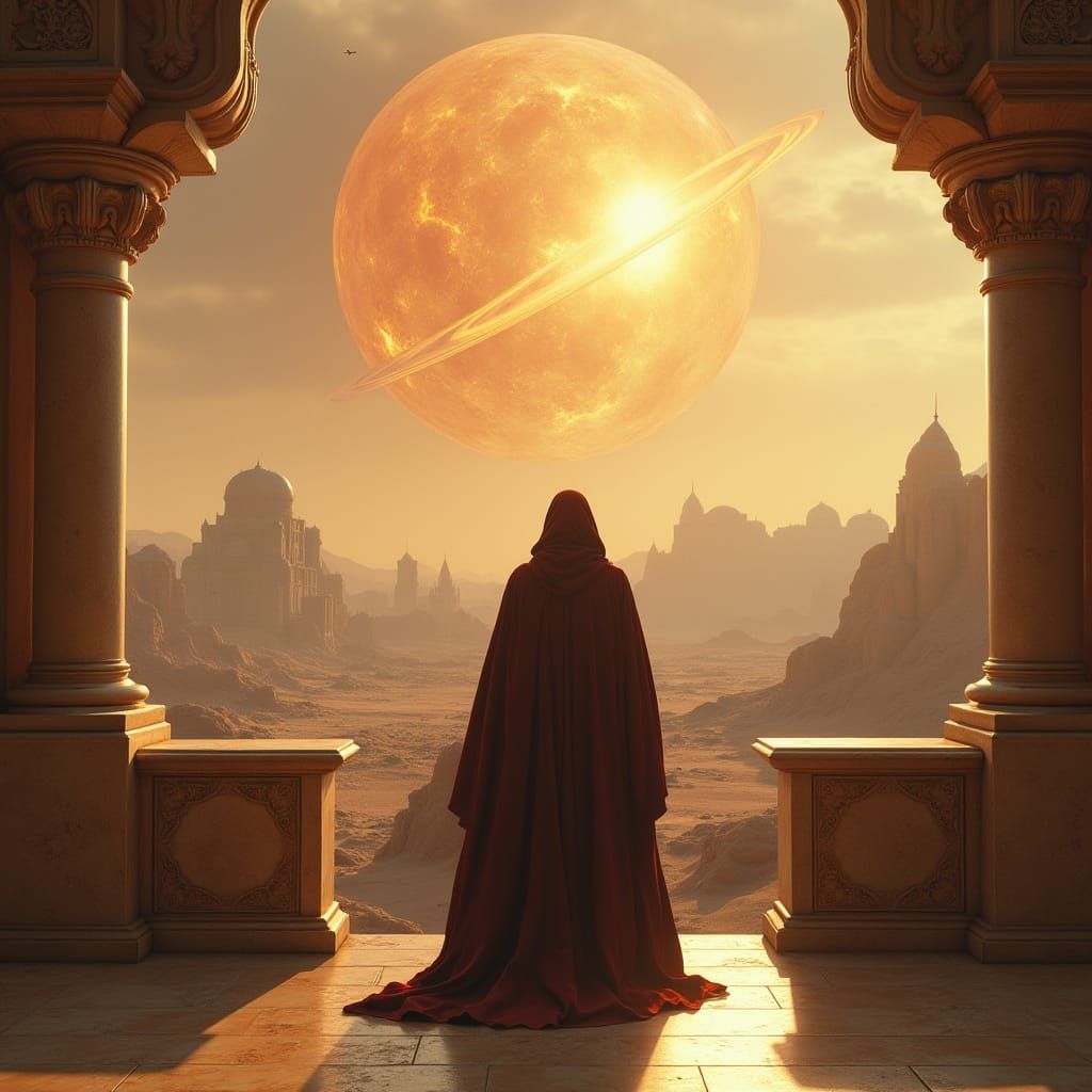 Cloaked Figure Overlooks Ancient Desert City Under Giant Glo...