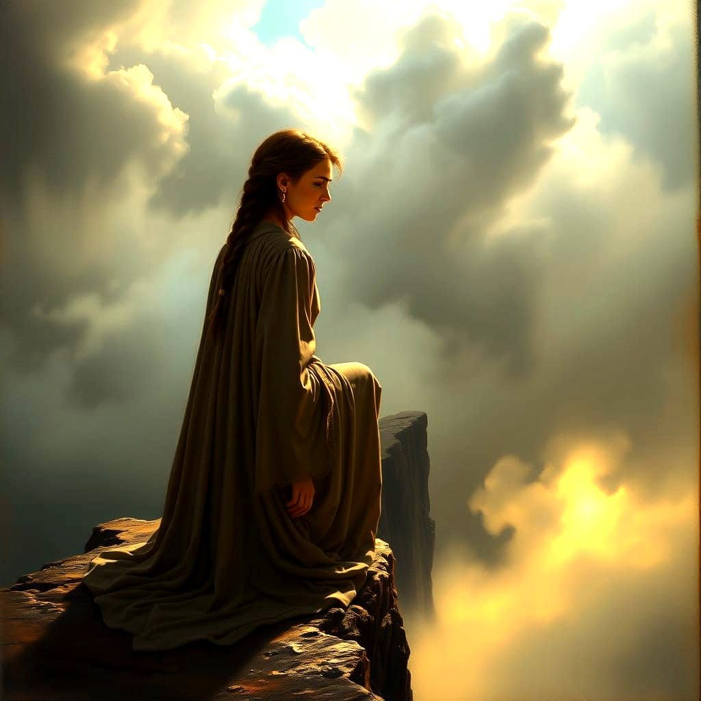 Ethereal Goddess Contemplates the Abyss in Dramatic Ambiance