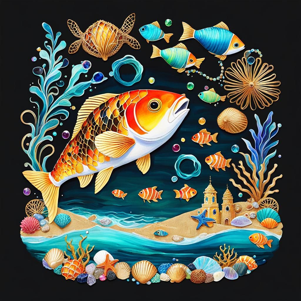 Bejeweled Ocean Scene with Bioluminescent Jellyfish