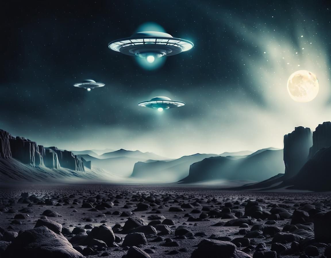 UFOs Over Moon Landscape in Cinematic Style