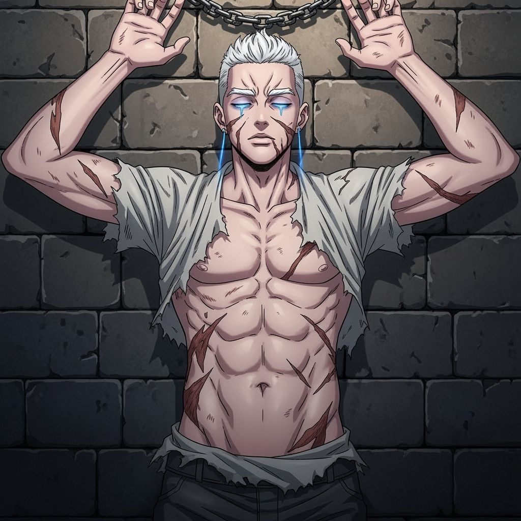 Wounded Albino Man Chained in Anime Style