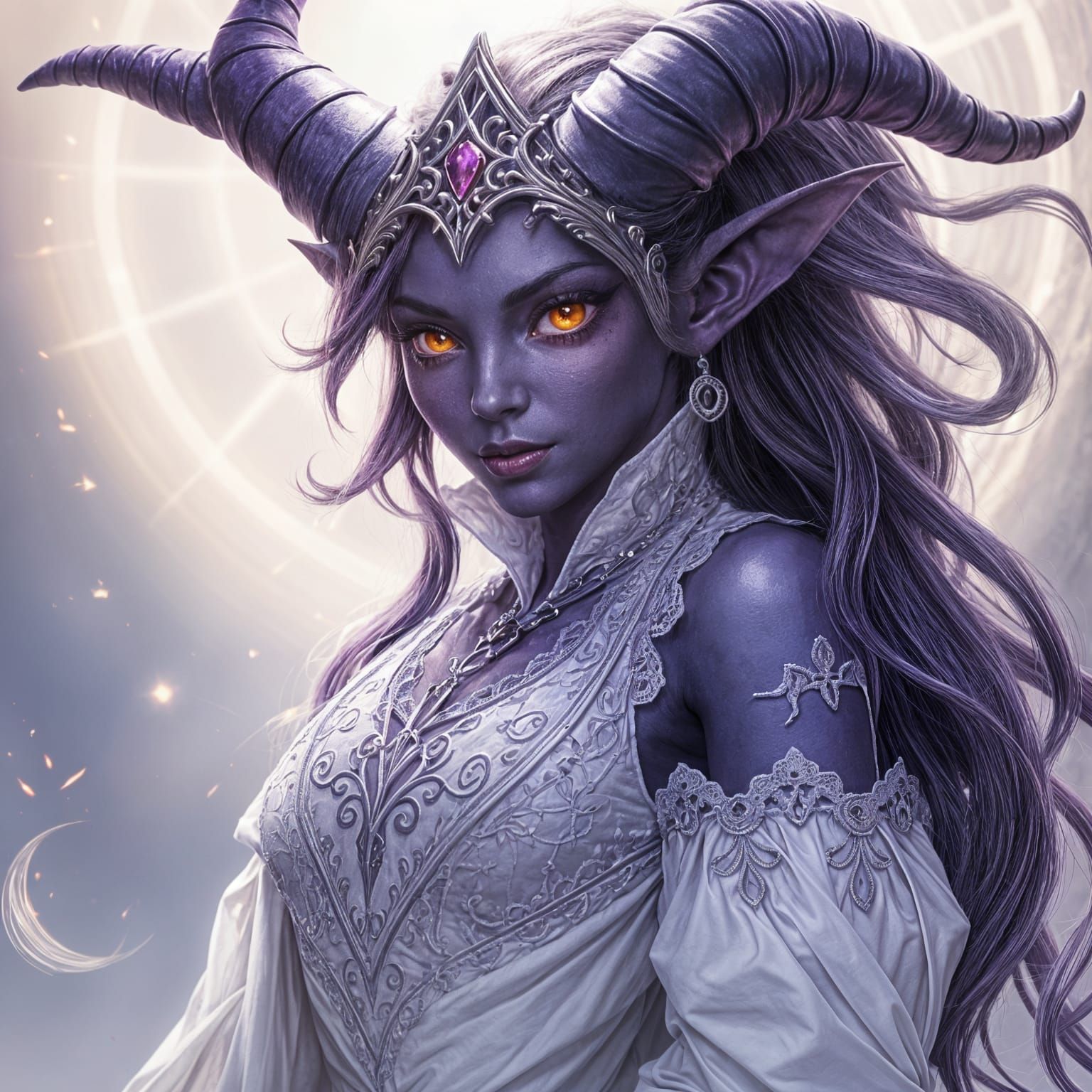 Ethereal Tiefling Warlock in Regal White Gown