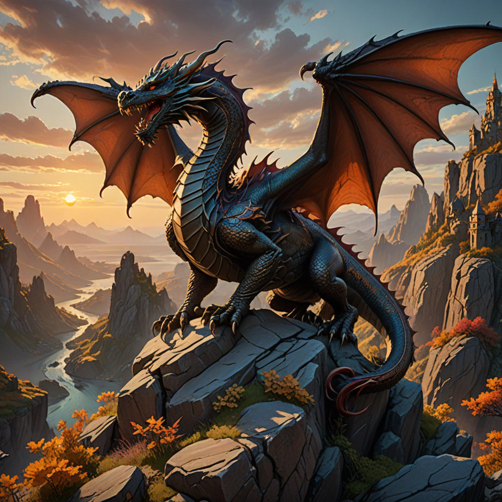 Ornate Dragon Amidst Sunset Splendor in Art Nouveau Style