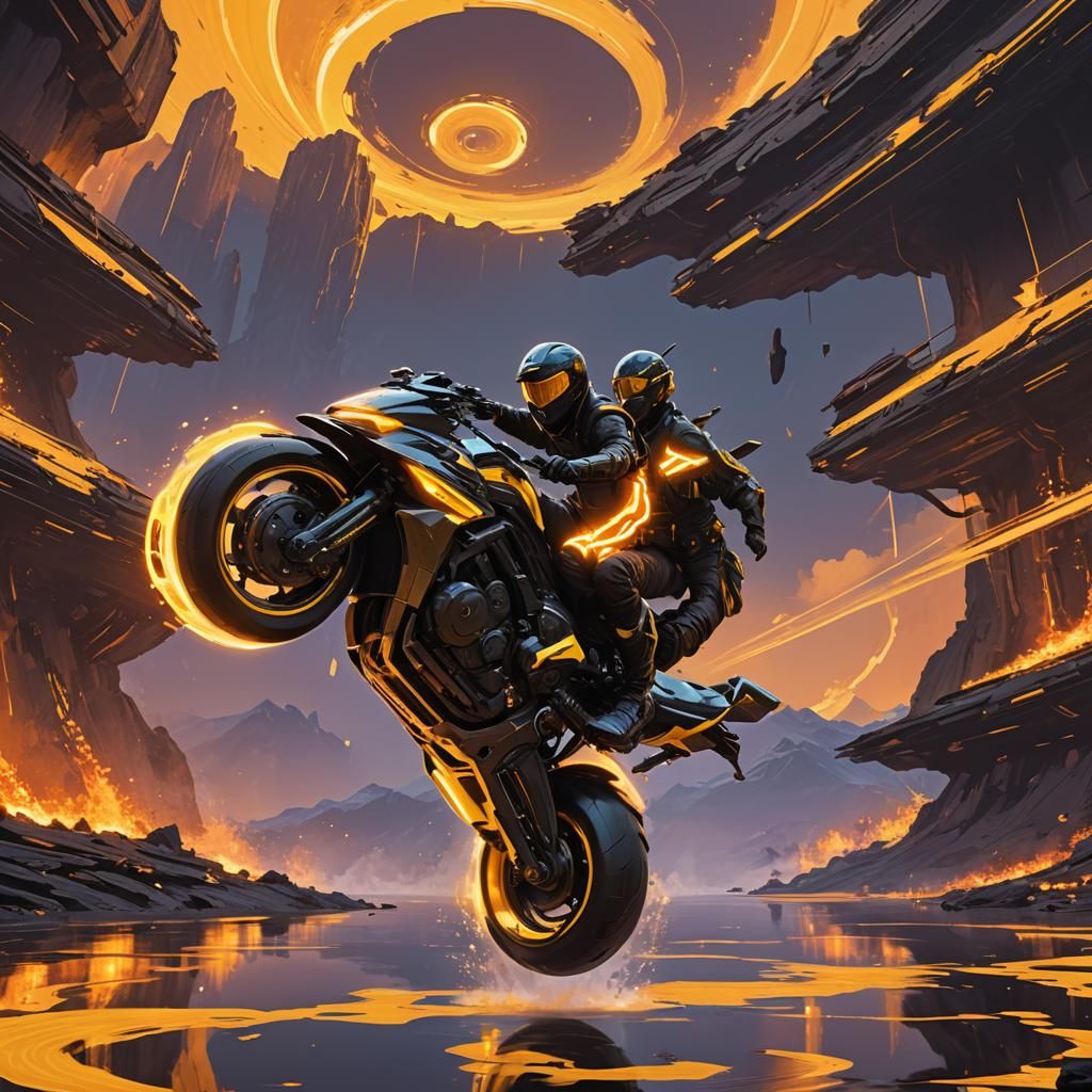 Ninja Soaring Above Magma Lake in Sci-Fi Style