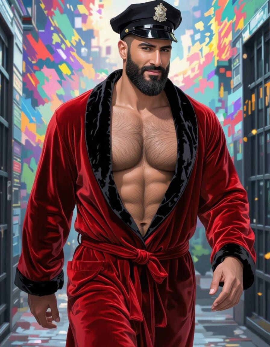 Joyous Man in Red Velvet Bathrobe, Hyperrealistic Oil Painti...